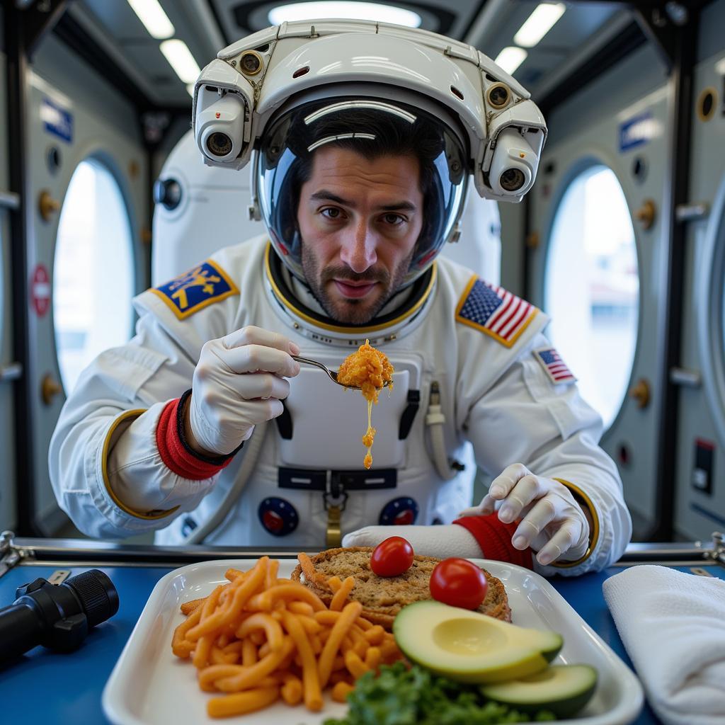 An astronaut enjoys a meal in the International Space Station, demonstrating the practicality of space food.