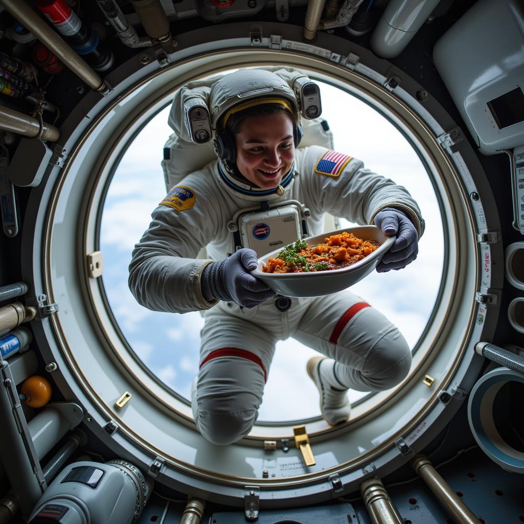 Astronaut Enjoying Space Food in Zero Gravity