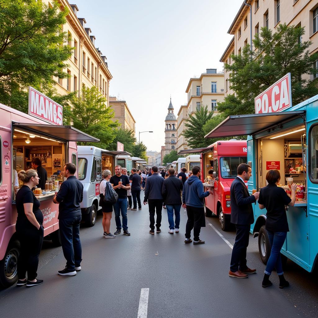 People enjoying street food from Athens food trucks