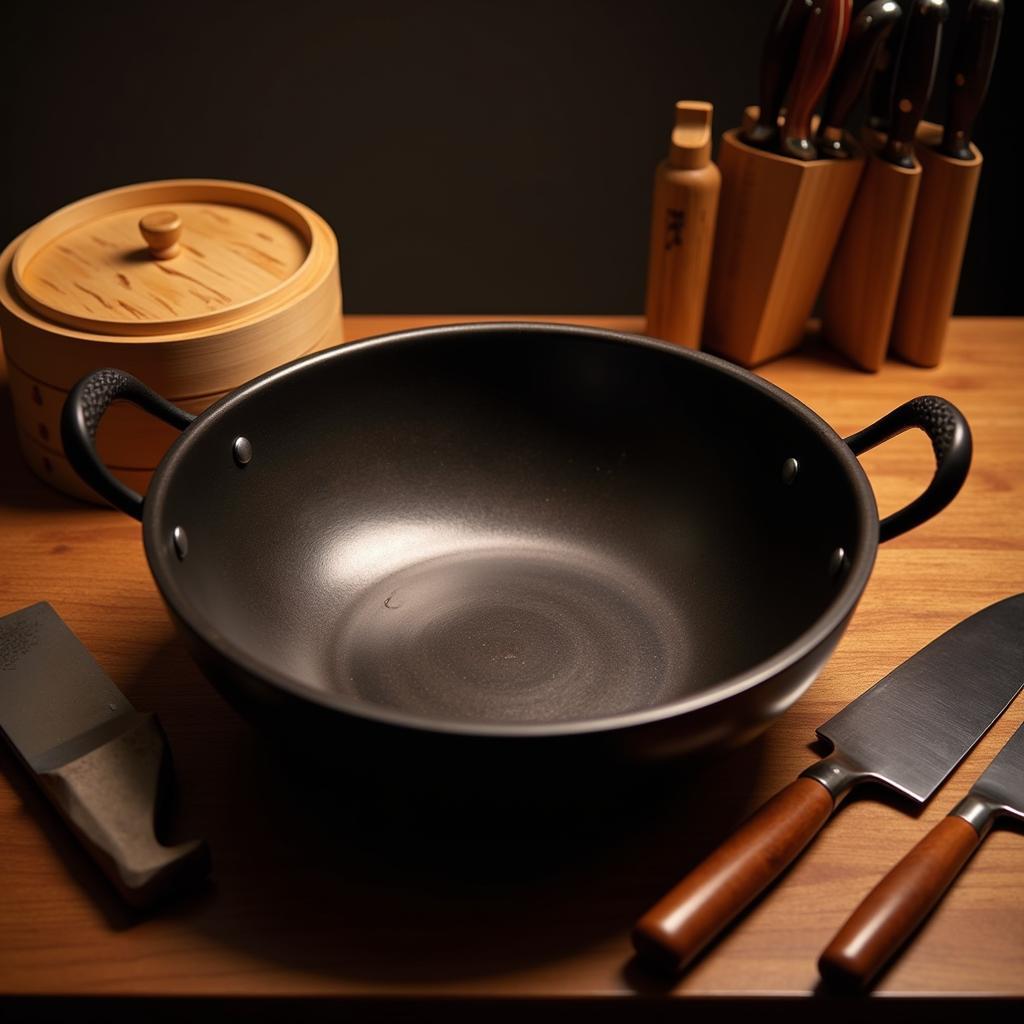 A collection of authentic Asian cooking tools, including a wok, bamboo steamer, and various knives.