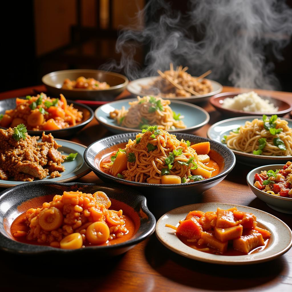 A table filled with various authentic Chinese dishes.