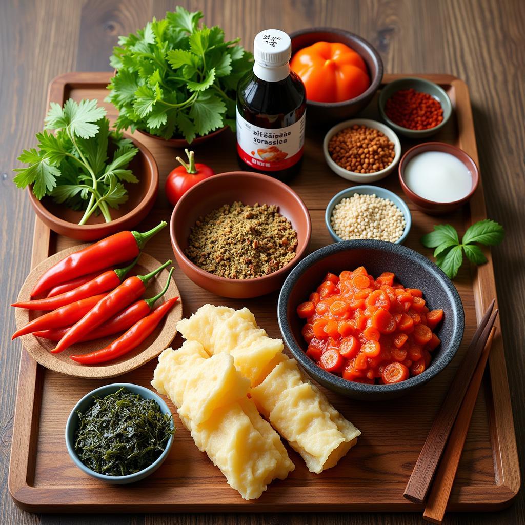 Various authentic Korean ingredients displayed on a table.