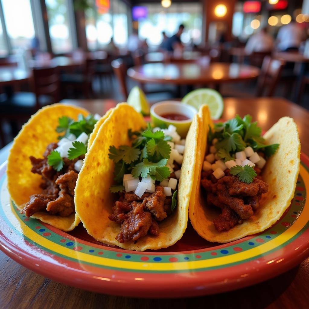 Authentic Mexican tacos served on a vibrant plate in a Daytona Beach restaurant.