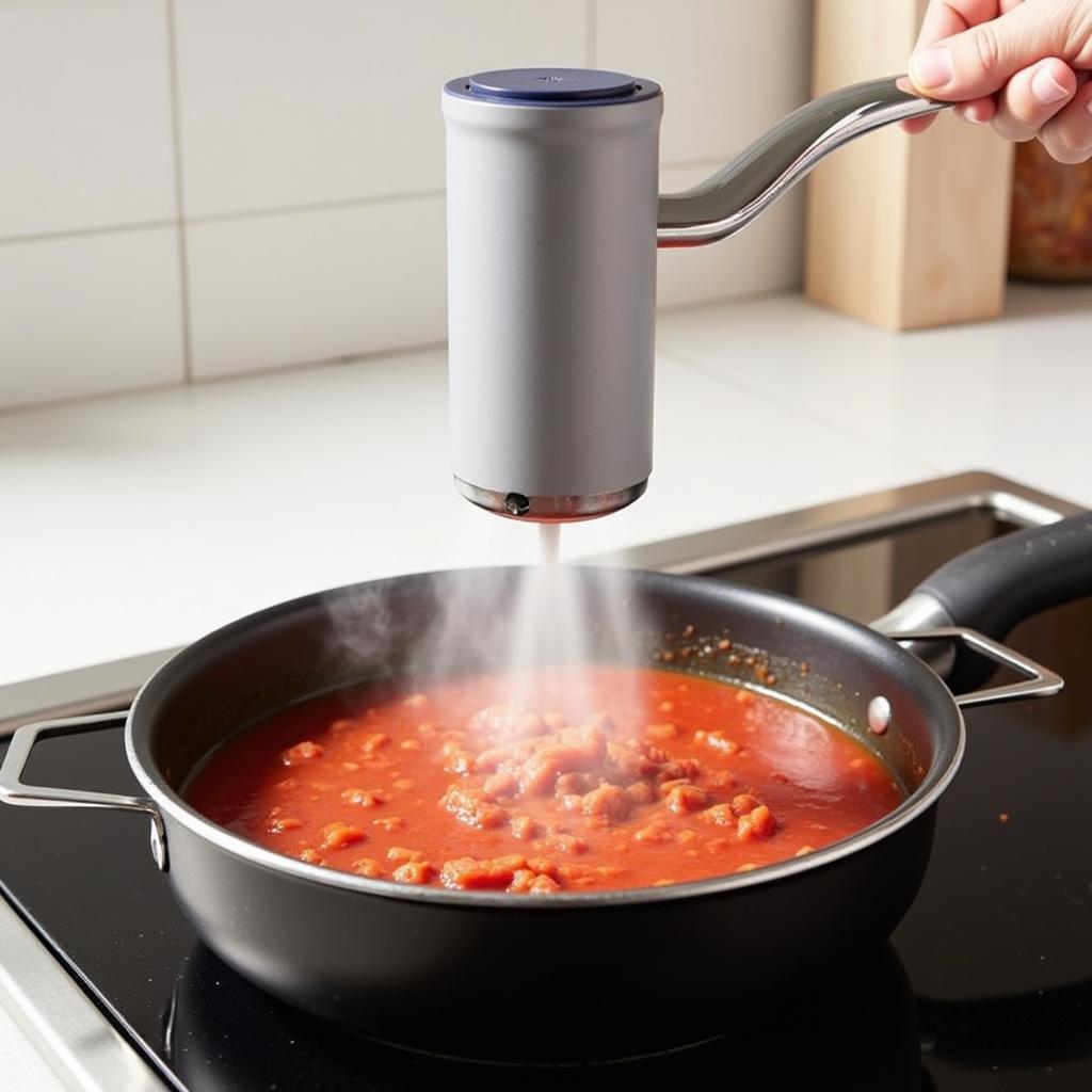 Automatic food stirrer stirring a pot of sauce on a stovetop