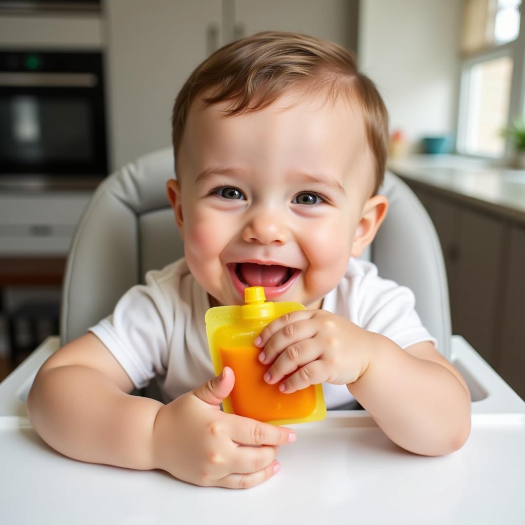 Baby Enjoying a Homemade Food Pouch