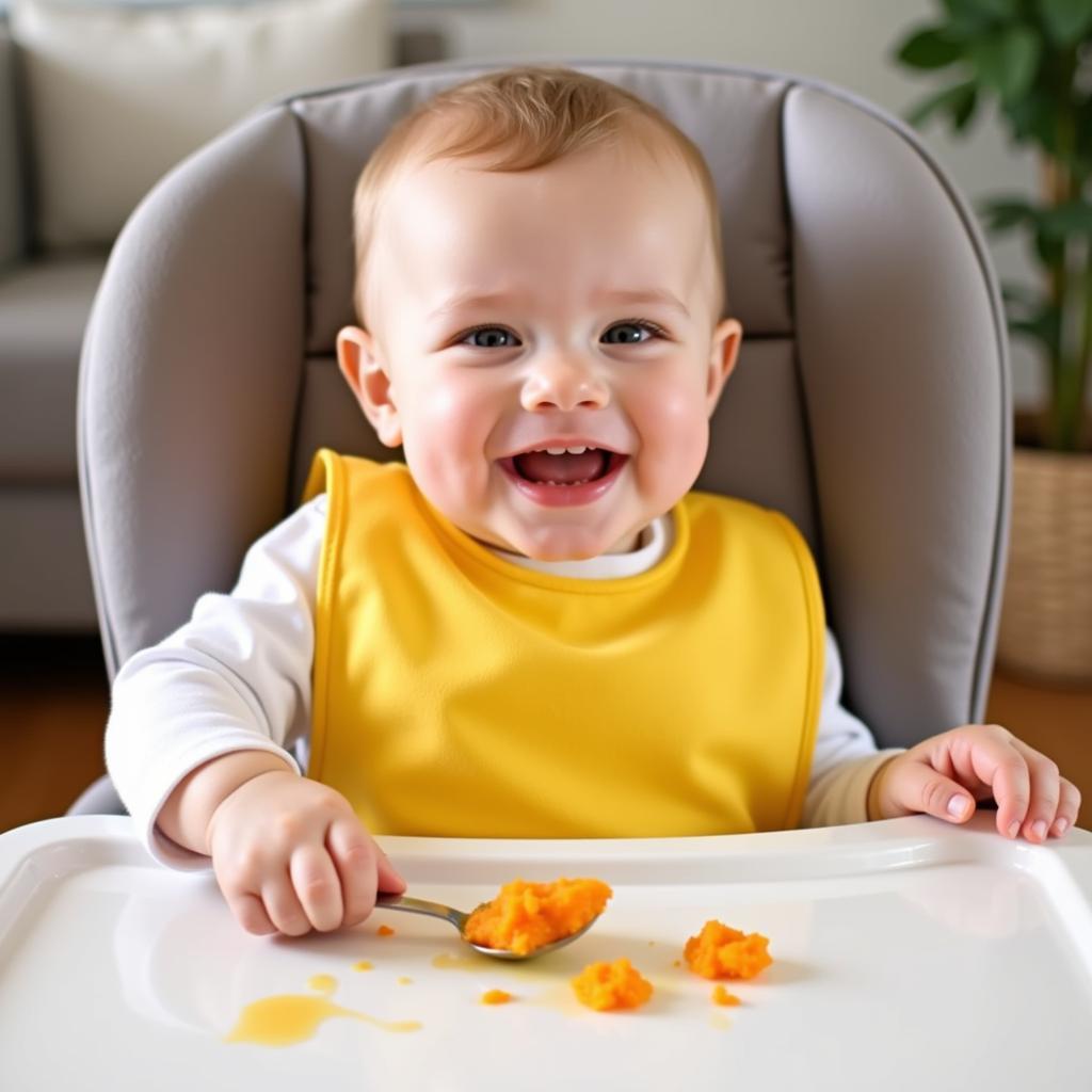 Baby Enjoying Pureed Food in a High Chair