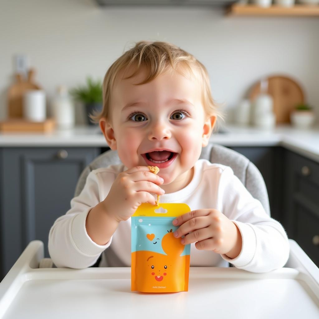 Baby happily enjoying a pureed food pouch