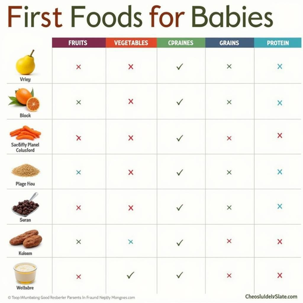 Chart showing various baby first foods categorized by groups.