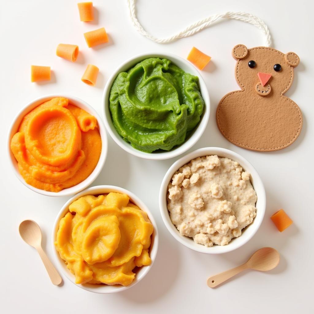 A colorful array of fresh, pureed baby foods in small bowls, showcasing a variety of fruits, vegetables, and grains. 