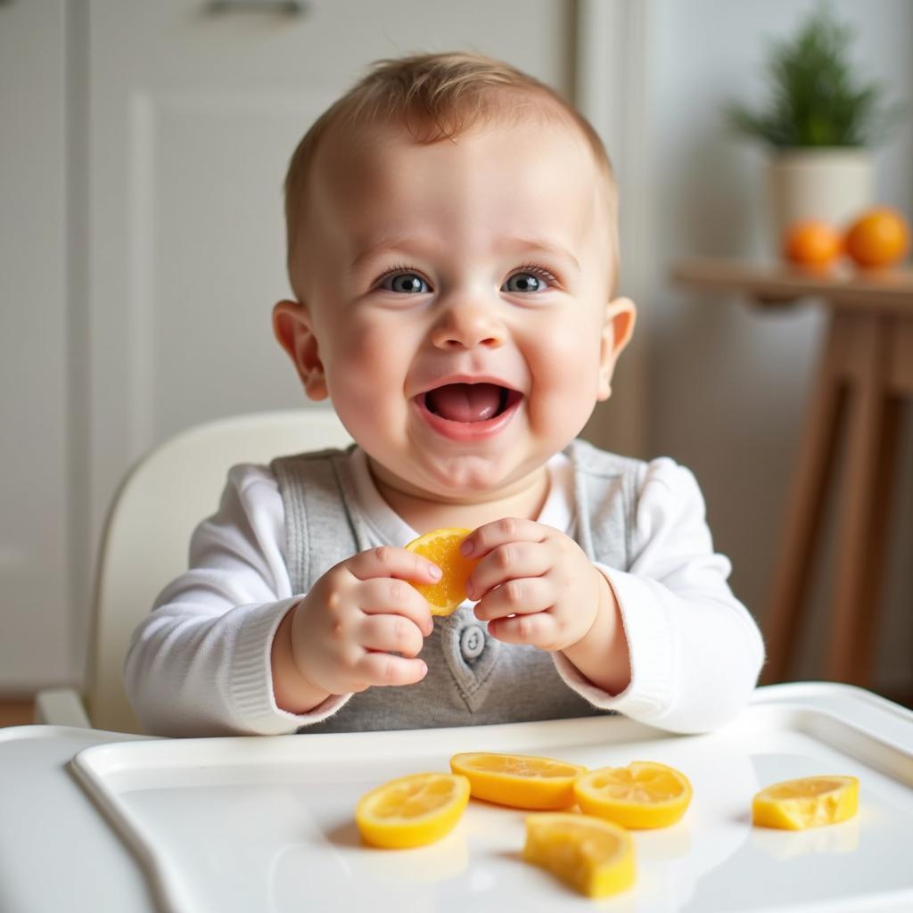 A baby happily exploring finger foods like steamed carrot sticks, soft cooked broccoli florets, and pieces of ripe avocado. 