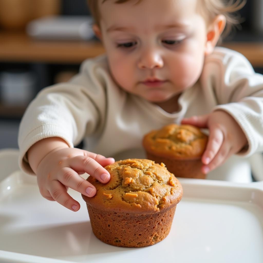 A baby reaching for a carrot muffin