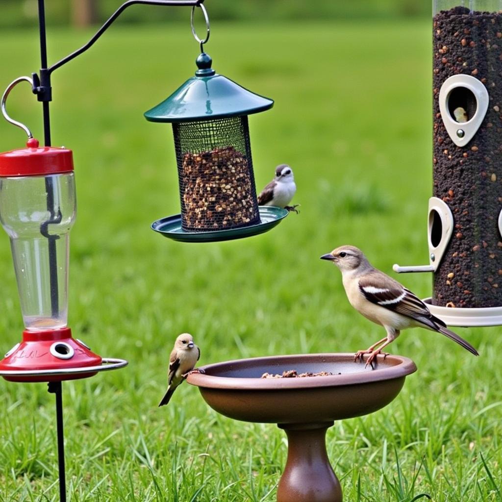 Backyard bird feeding station featuring a thistle feeder amongst other feeders