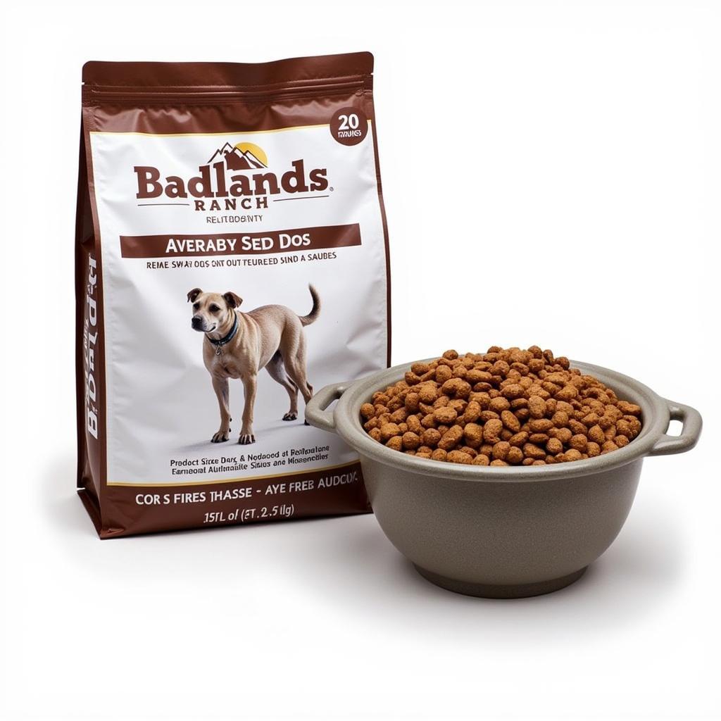 Badlands Ranch Medium Dog Food Bag Next to Dog Bowl