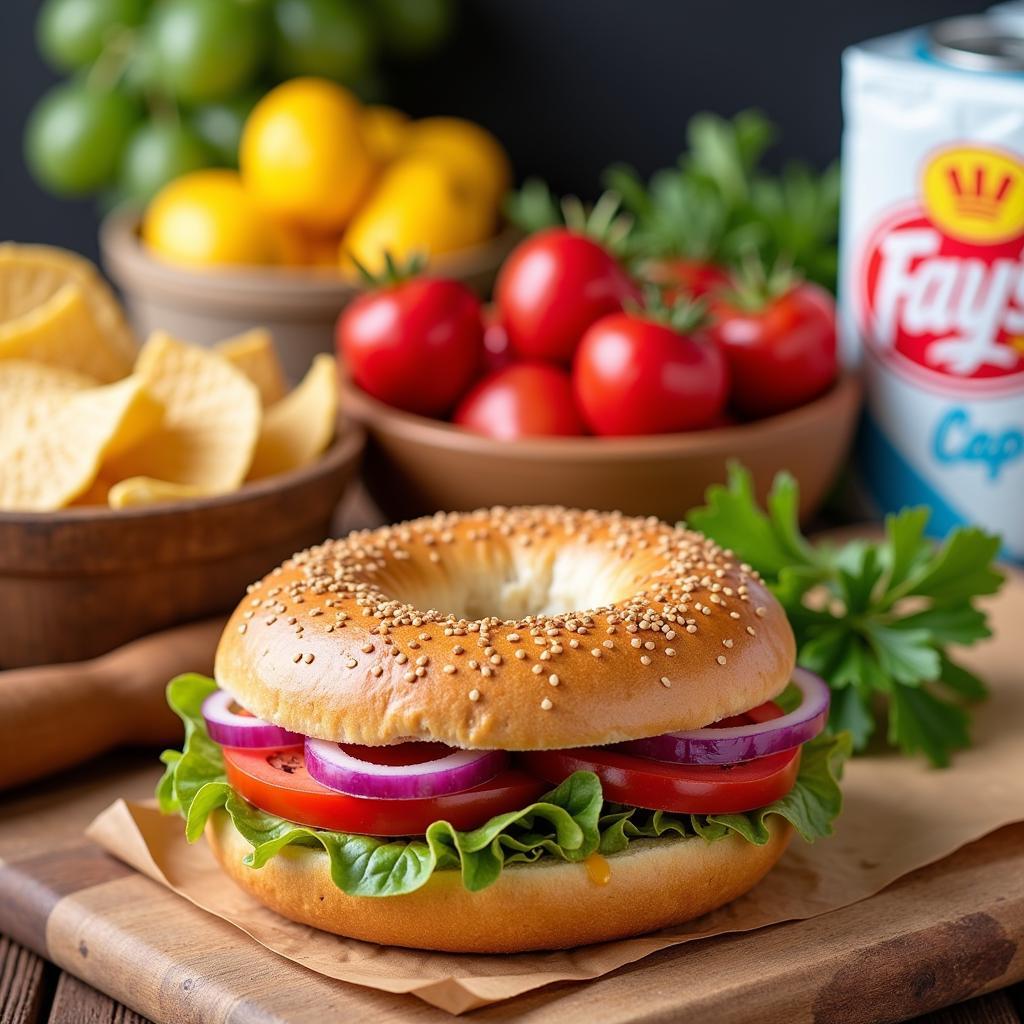 Bagel sandwich with various food mart items