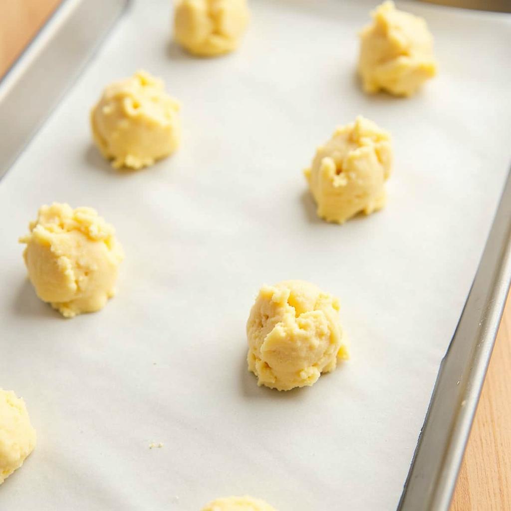 Baking angel food cake cookies on a parchment-lined baking sheet.