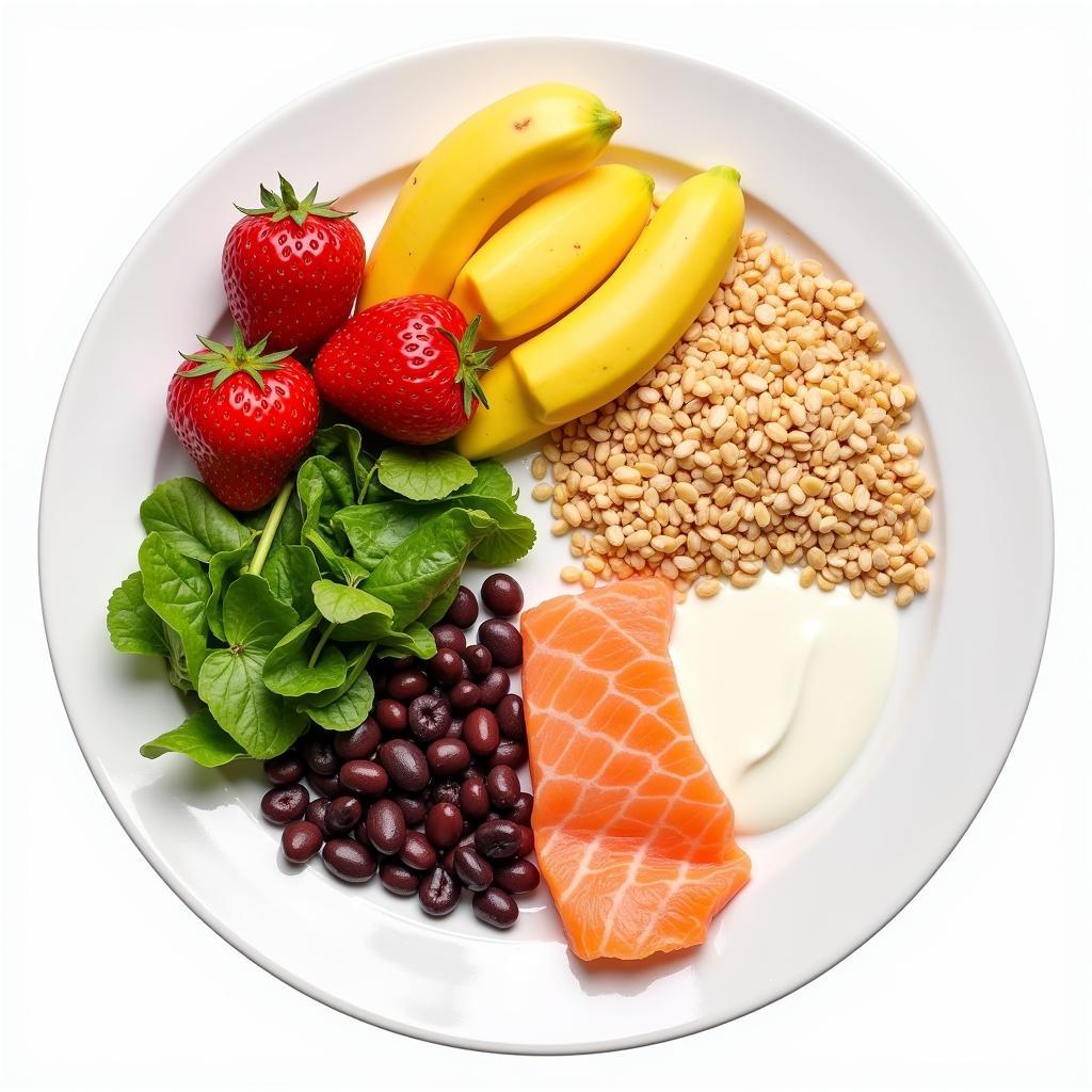 A balanced diet plate with fruits, vegetables, grains, protein, and dairy.