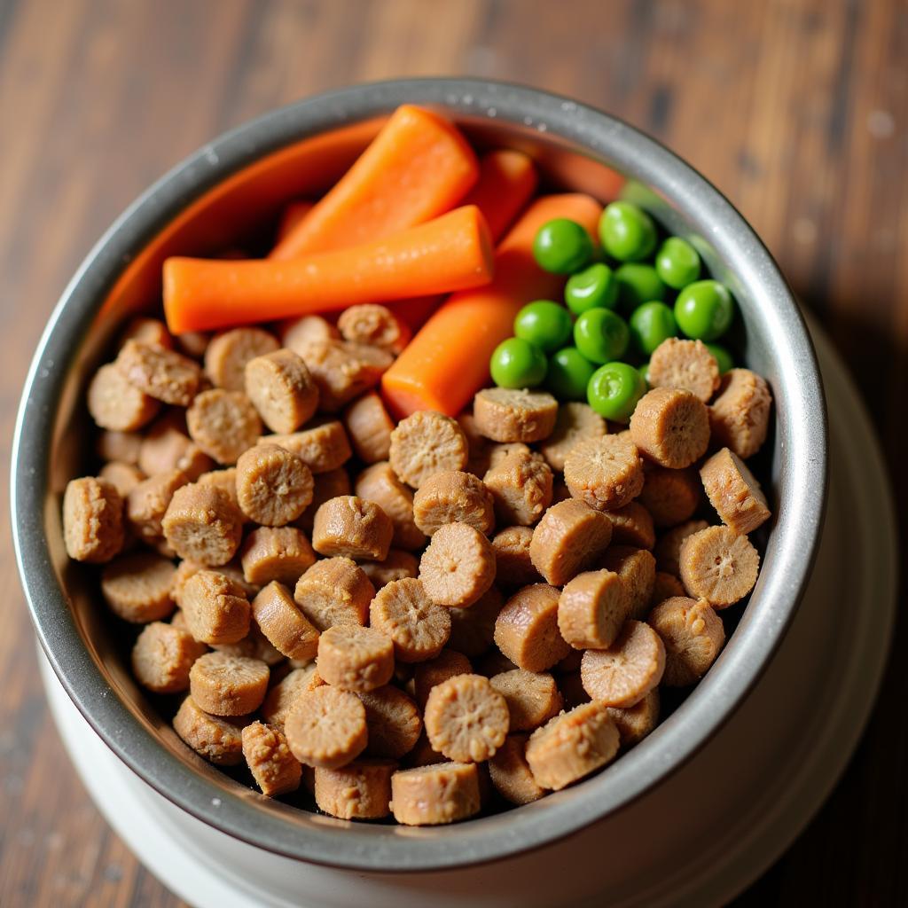 A balanced dog food with various ingredients like meat, vegetables, and kibble.