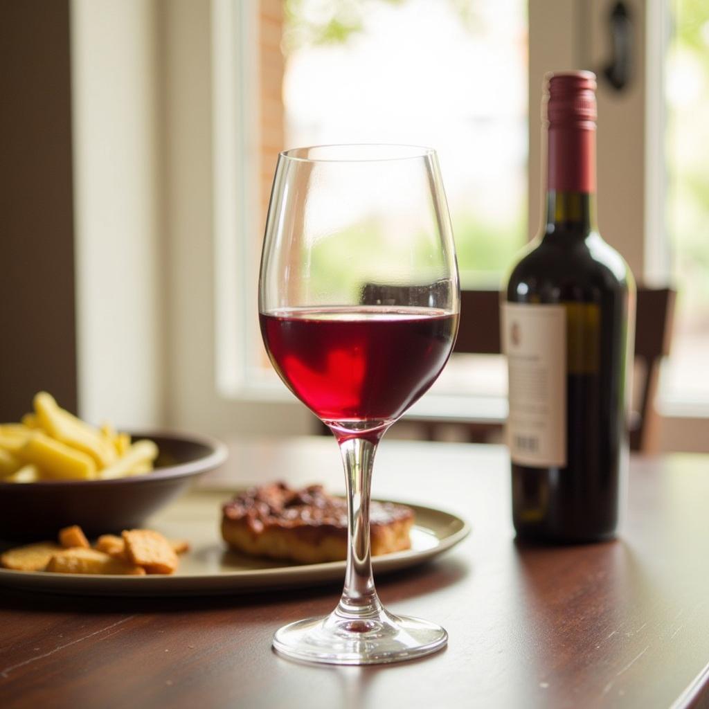 A bottle and a glass of balanced red wine, ready to be enjoyed without food.