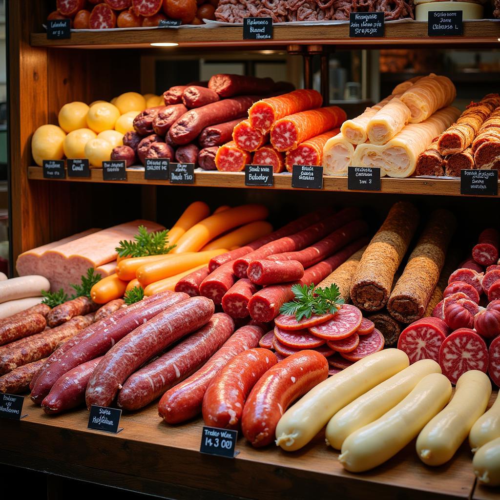 Variety of Balkan meat and cheese in a food store