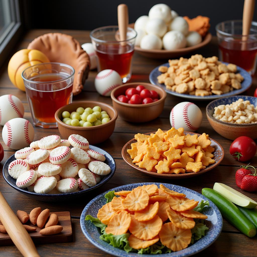 Baseball Themed Food Presentation: Snacks and drinks arranged in baseball-themed serving dishes and decorated with baseball memorabilia.