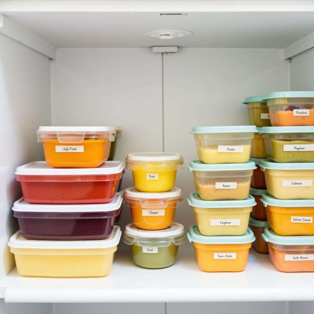 Organized freezer with Beaba food storage containers filled with homemade baby food.