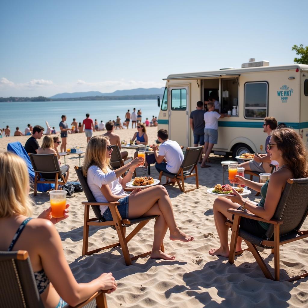 Enjoying the Beach Food Truck Atmosphere: People relaxing on beach chairs, enjoying food and drinks from a nearby food truck.