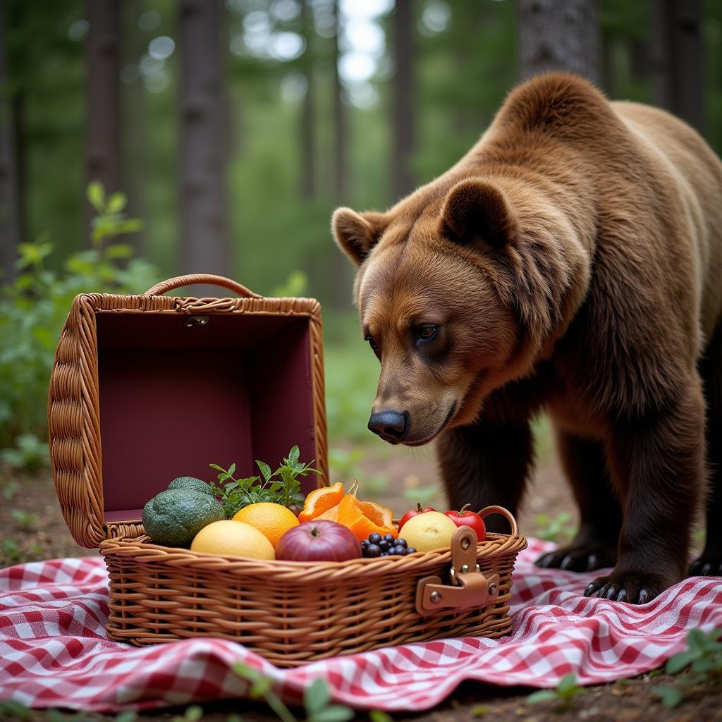 A brown bear sniffing a picnic basket left unattended in a campsite