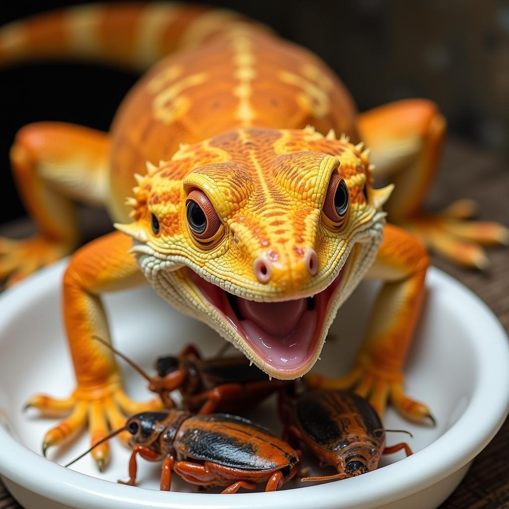 Bearded dragon enjoying a meal of crickets