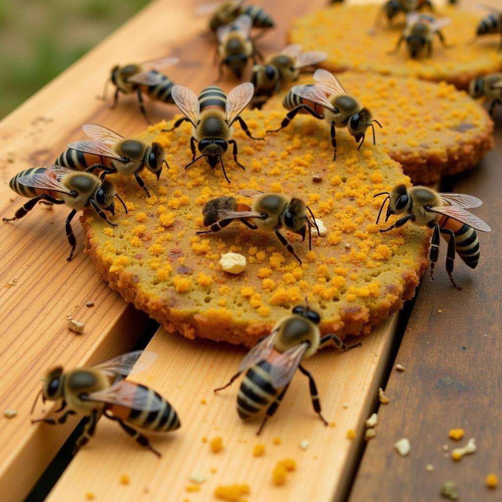 Close-up of a bee food patty being consumed by bees