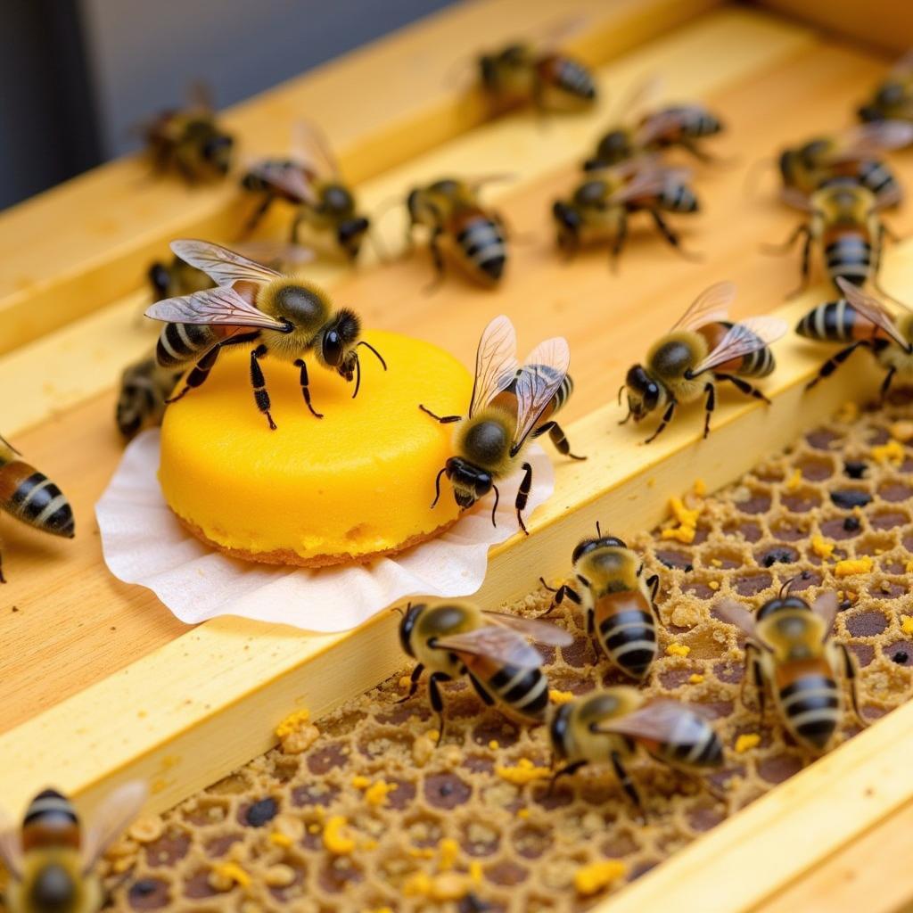 Bees actively consuming a bee food patty inside the hive