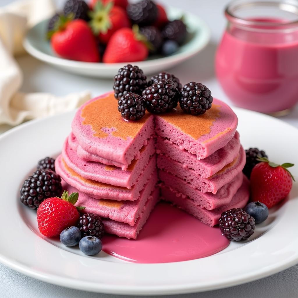 Beet powder colored pink pancakes for breakfast