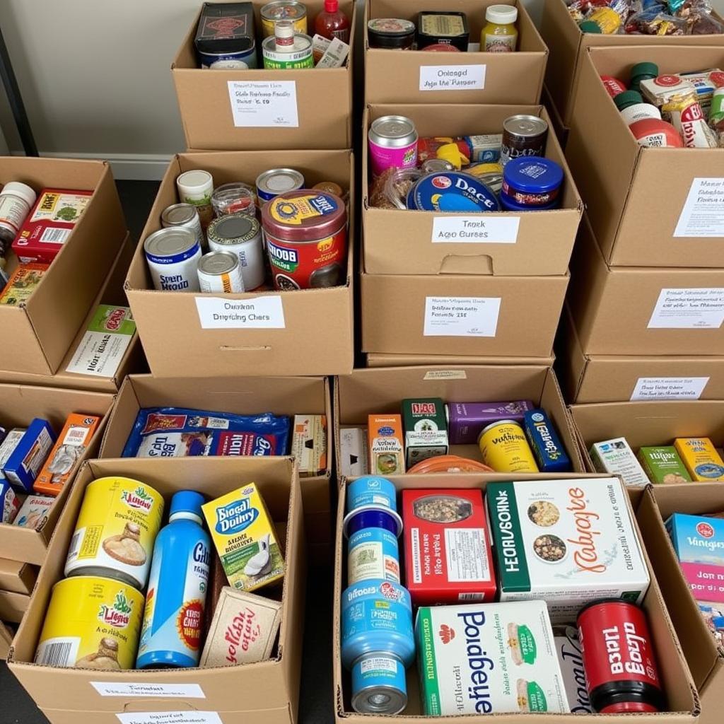 Boxes of donated food items stacked at a Benton food pantry