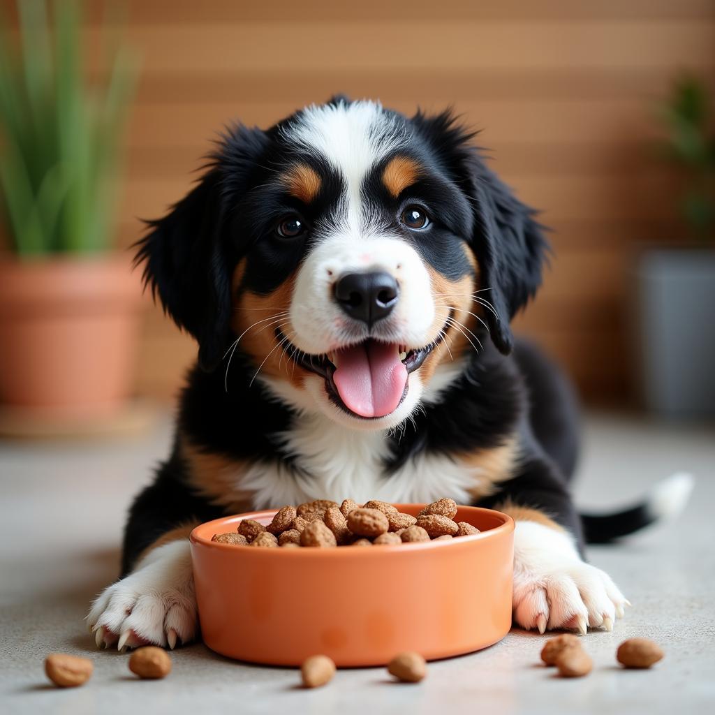 Bernedoodle Puppy Eating Healthy Food