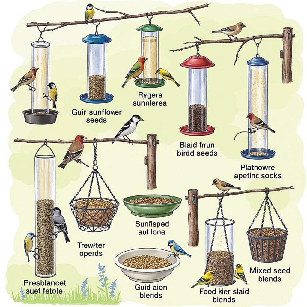 Backyard bird feeding setup with various feeders and different types of birdseed, showcasing a diverse and appealing setup for attracting birds.