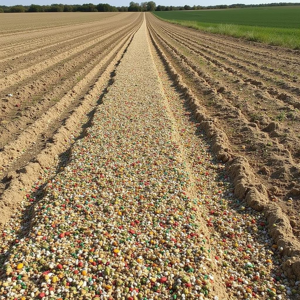 A diverse mix of food plot seeds, including clover, alfalfa, and chicory, spread across a field to attract deer and other wildlife.