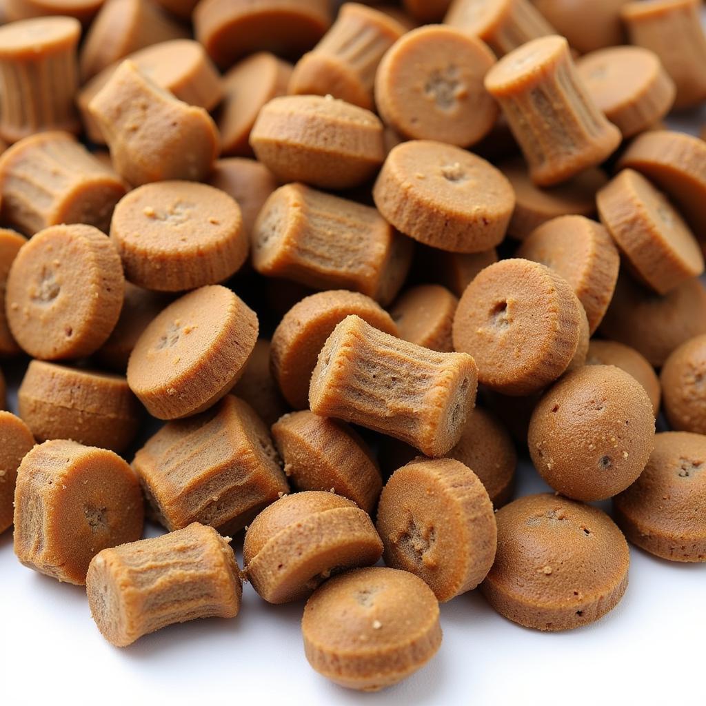 A close-up of grain-free dog food kibble.