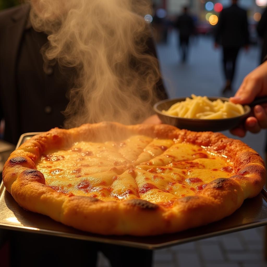 A close-up of a golden-brown, crispy pizza fritta being served from a street vendor's stall in Naples.