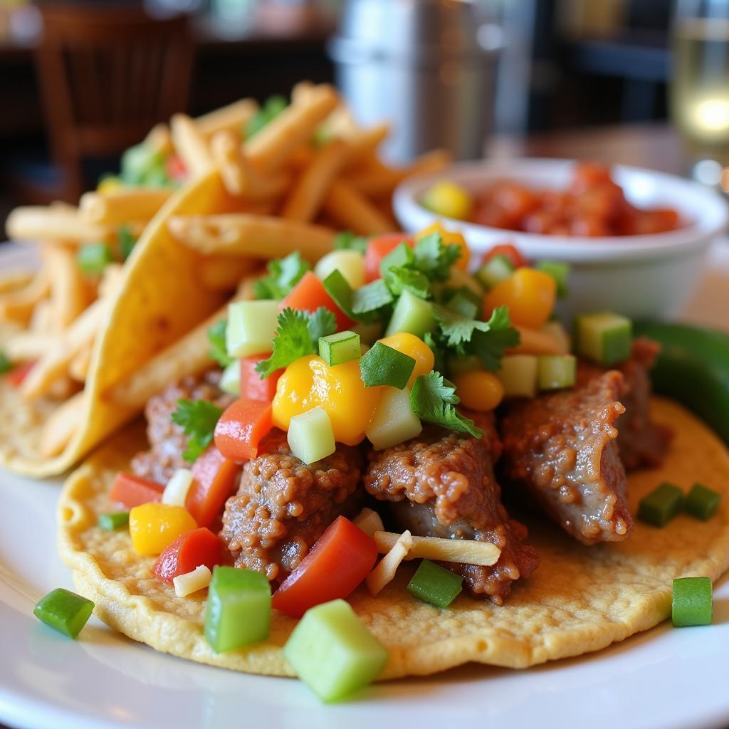 A close-up of a delicious taco with various toppings on a plate, highlighting a Tuesday special in Tampa