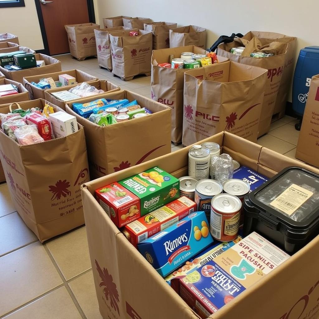 Various food donations stacked at Bethany Lutheran Food Pantry.