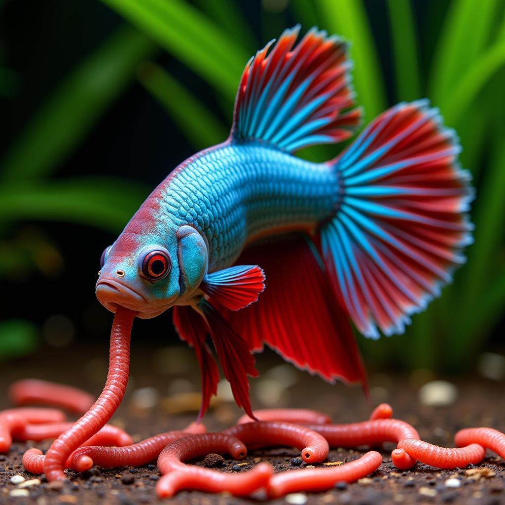 Betta fish eating bloodworms