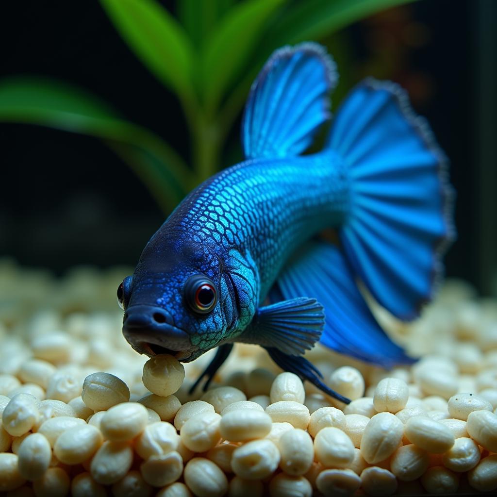 Betta fish eating pellets from the surface of the water