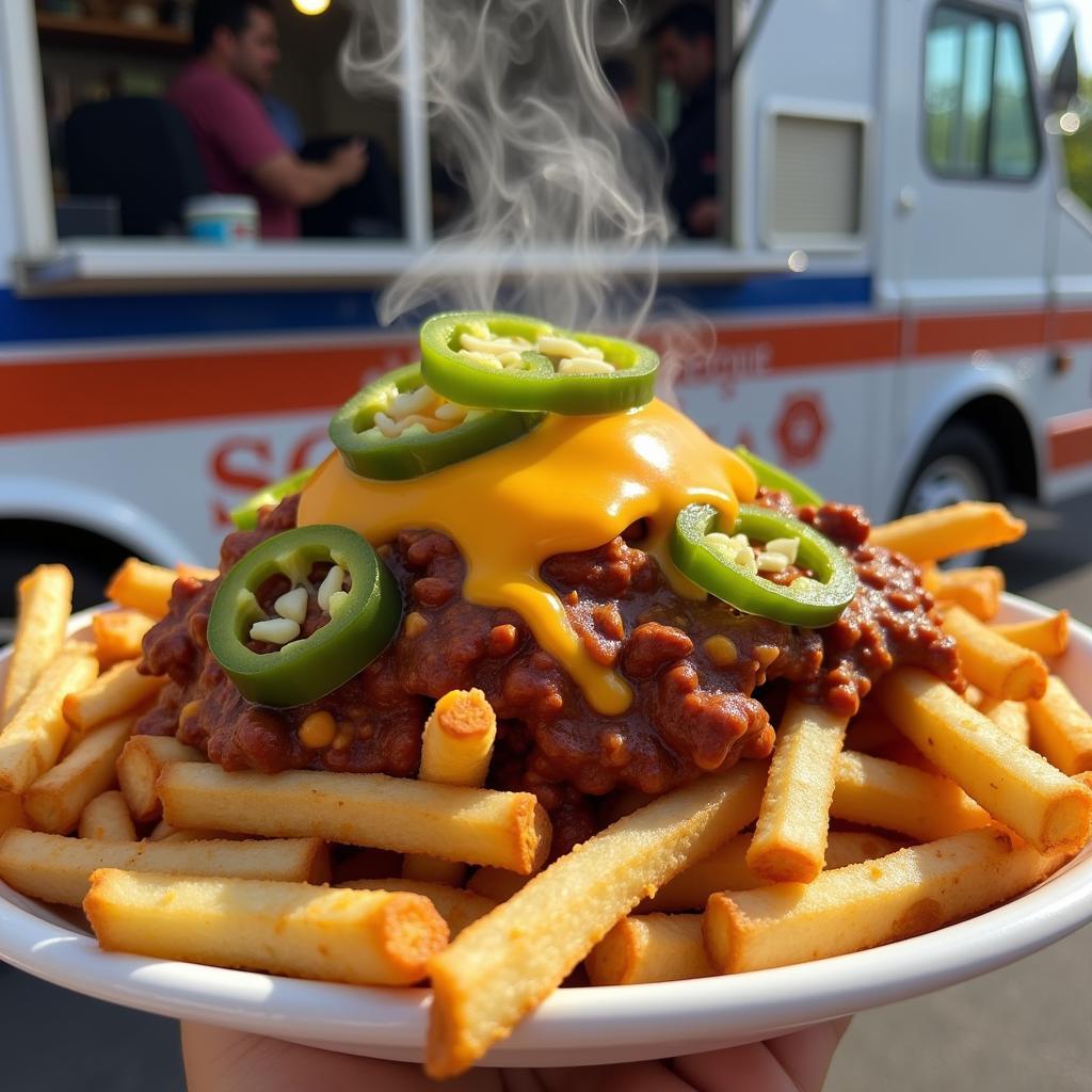 A plate of Big Fuss Food Truck's loaded fries with chili, cheese, and jalapenos.