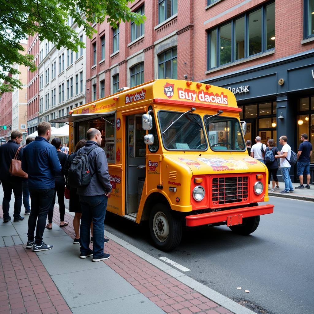 Bike food truck serving customers in a busy urban setting