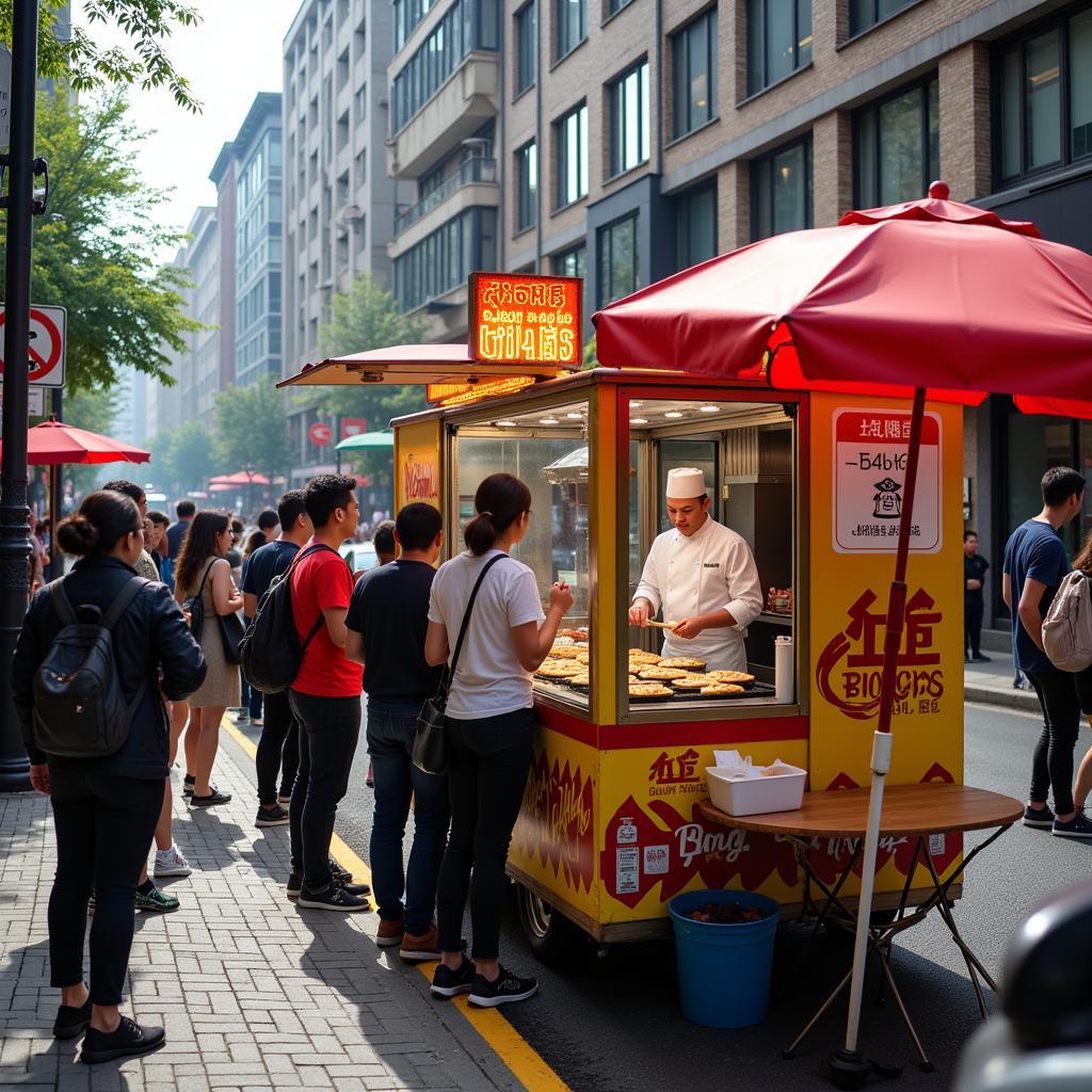 Bings food truck serving customers on a busy street corner