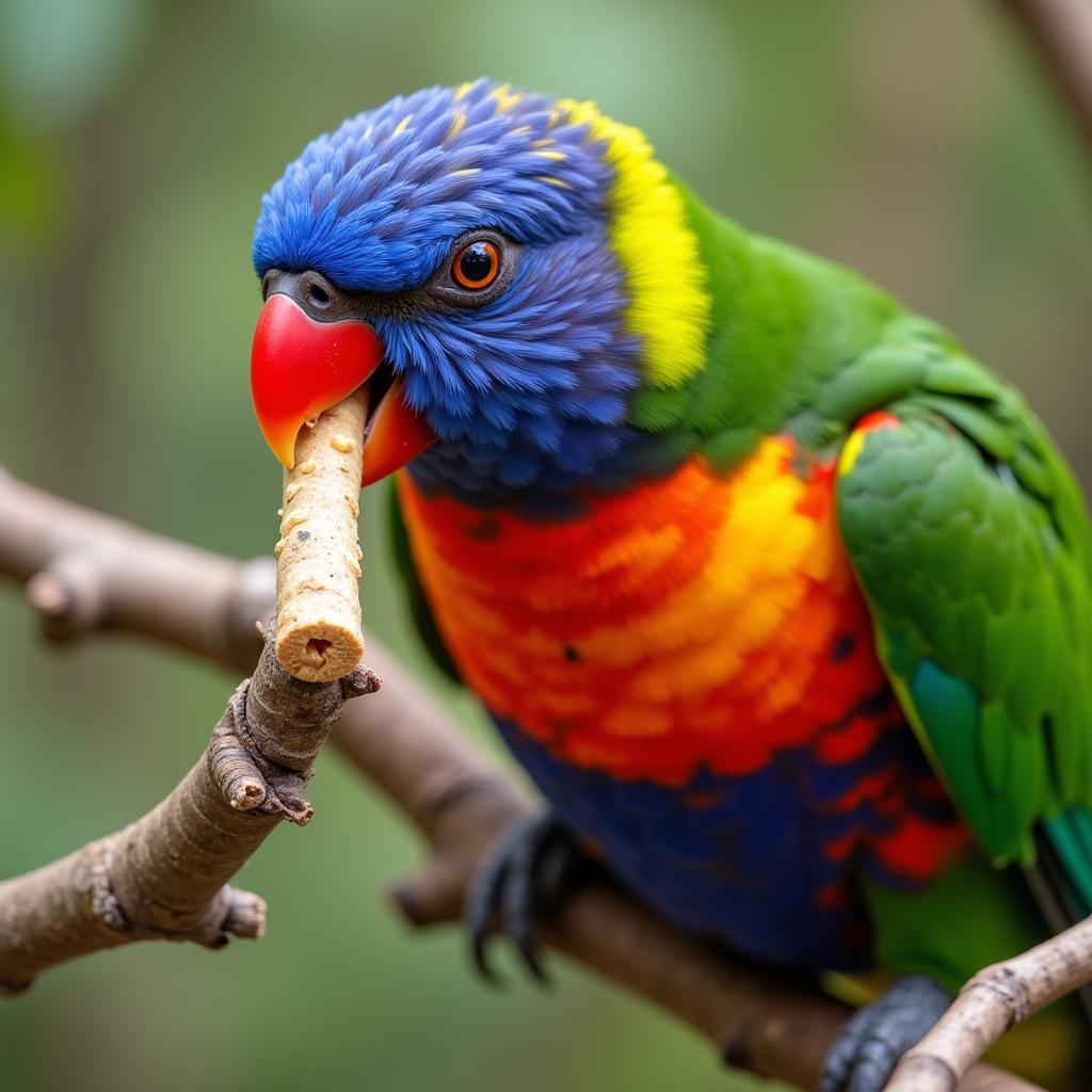 A colorful parrot enjoying a bird food stick