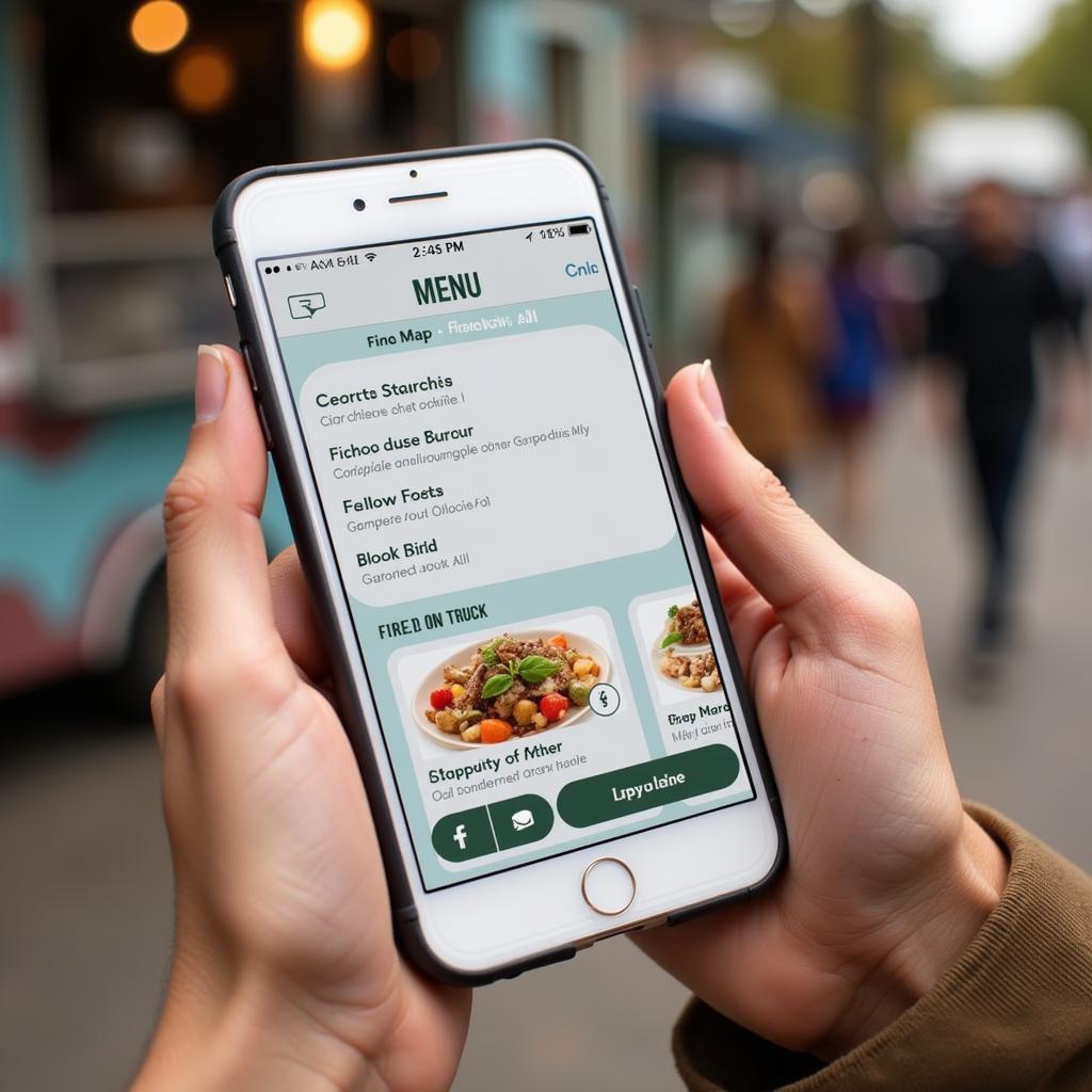 A person using their smartphone to browse a birds food truck menu online, highlighting the convenience of mobile ordering and location tracking.