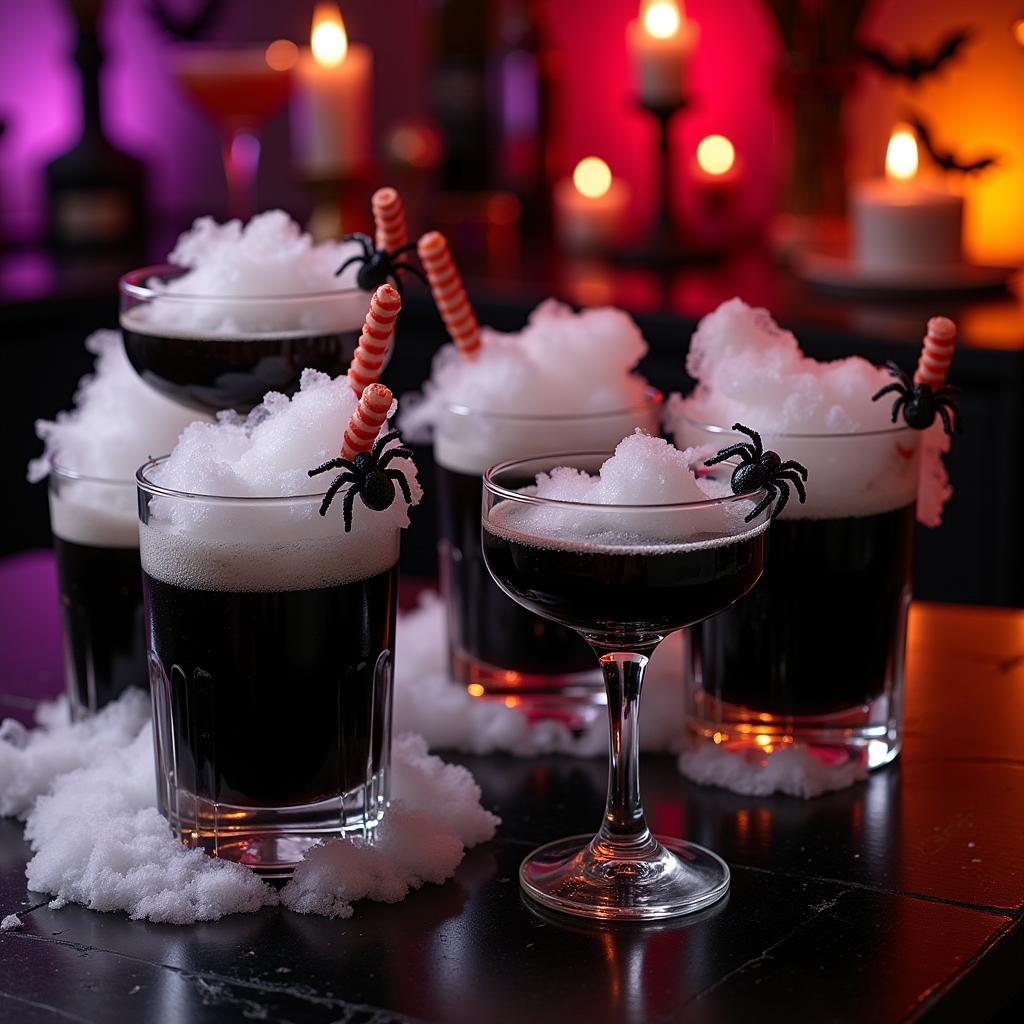 Assortment of black cocktails at a halloween party