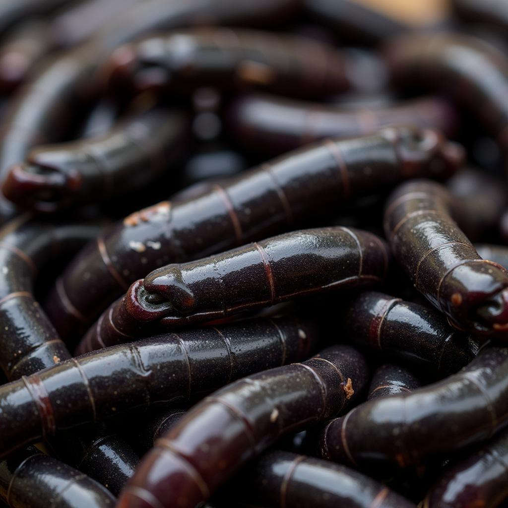 Close-up view of black worms used as fish food