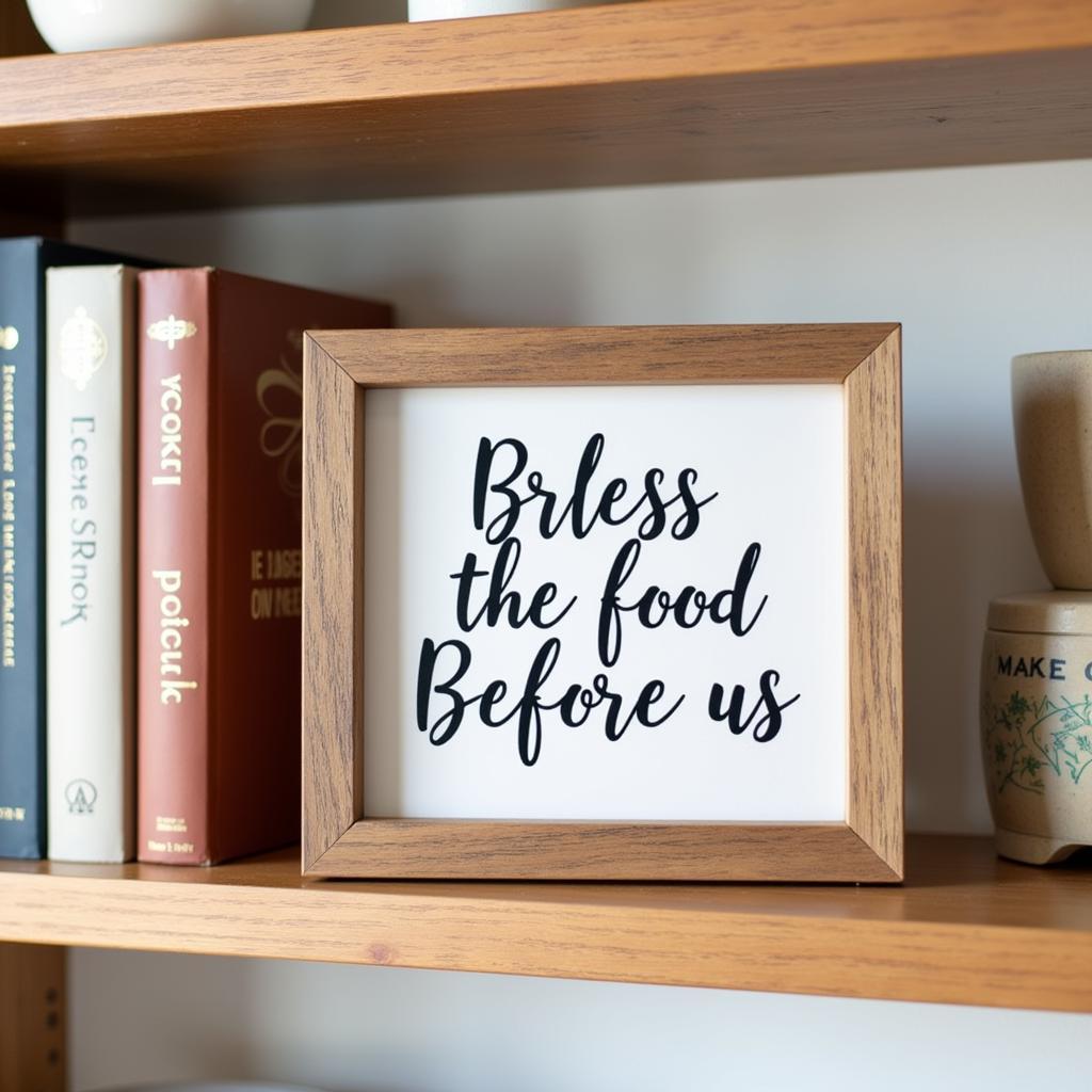 Small "Bless the Food Before Us" sign in a kitchen setting