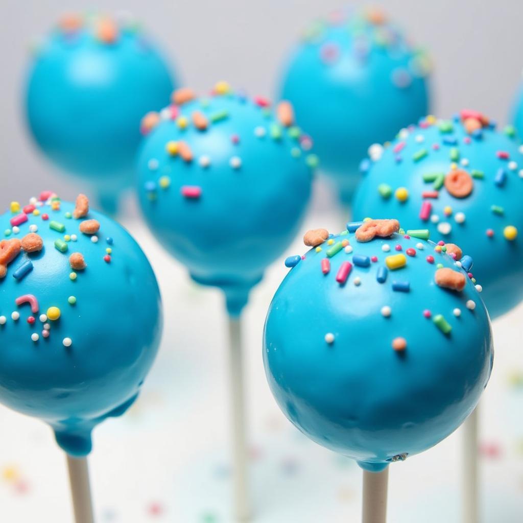 Close-up of blue candy-coated cake pops